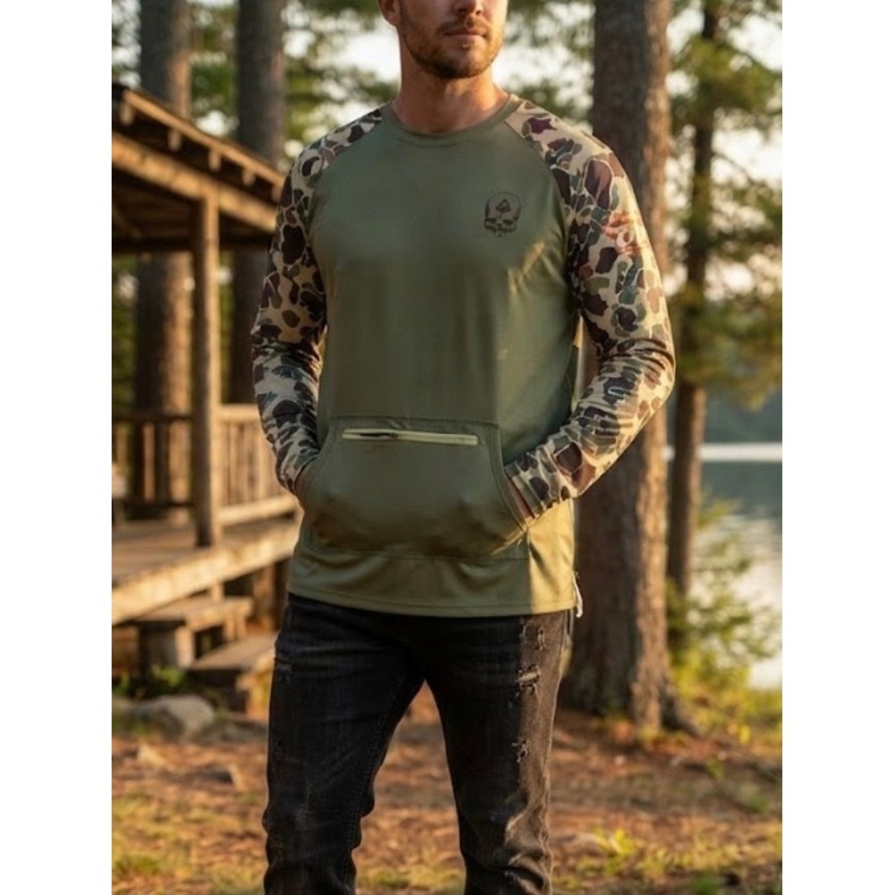 Zero Foxtrot Mens 2XL Olive Green Camo Raglan Long Sleeve Performance Shirt - Picture 1 of 9